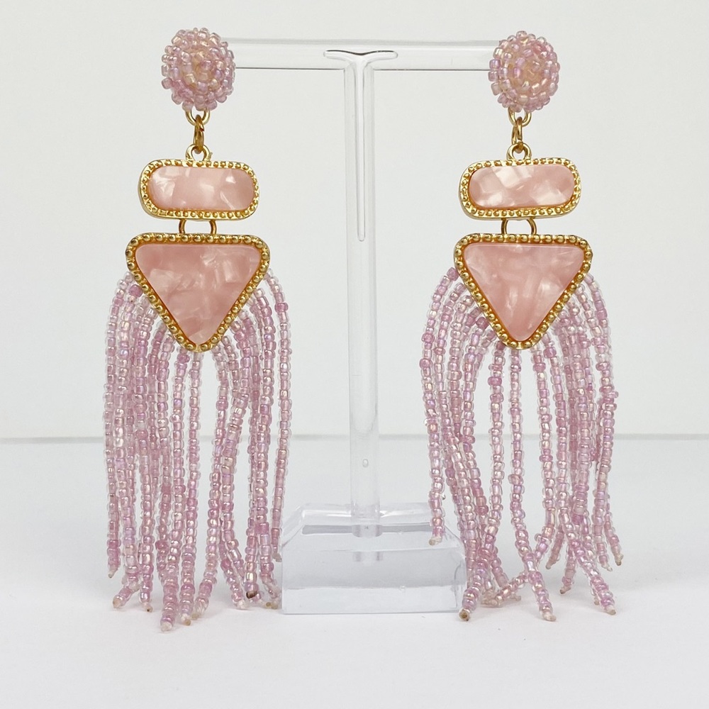 Pink Beaded Tassel Statement Earrings